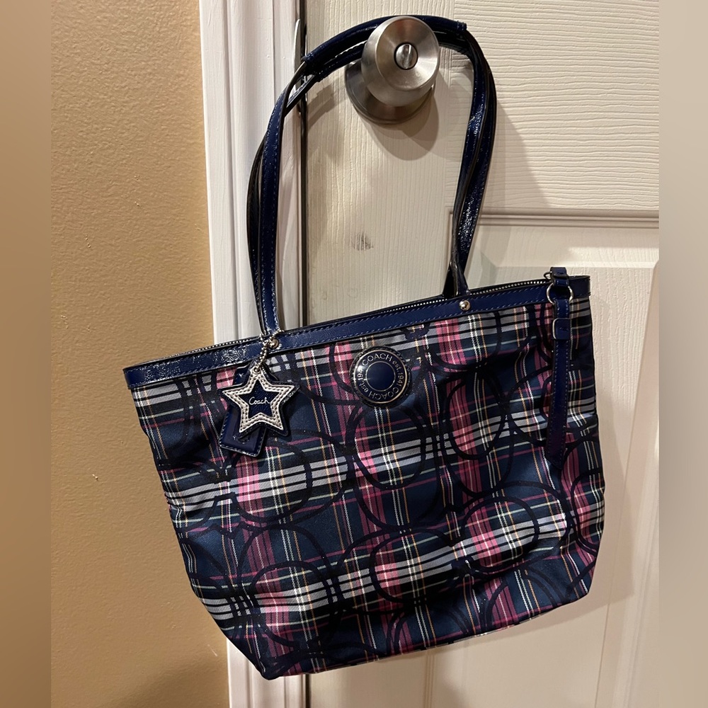 Coach Tartan Plaid Purple/Blue Shoulder Purse Handbag